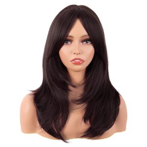 20 Inch/50 cm Long Layered With Bangs Straight Synthetic fiber Shoulder Length Hair for Daily Use or Party Wig (Dark Brown)